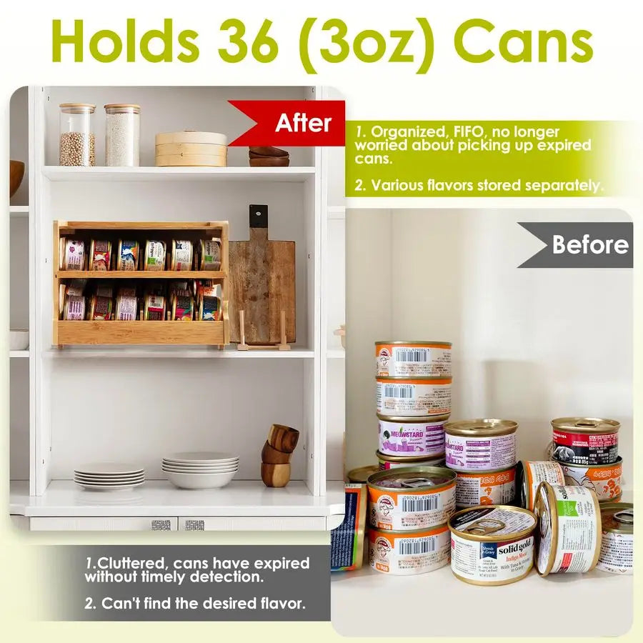 Upgraded Cat Food Organizer, Cat Food Can Organizer, Can Organizer for Pantry, Cat Food Storage, Bamboo, Holds 36 3oz Cans