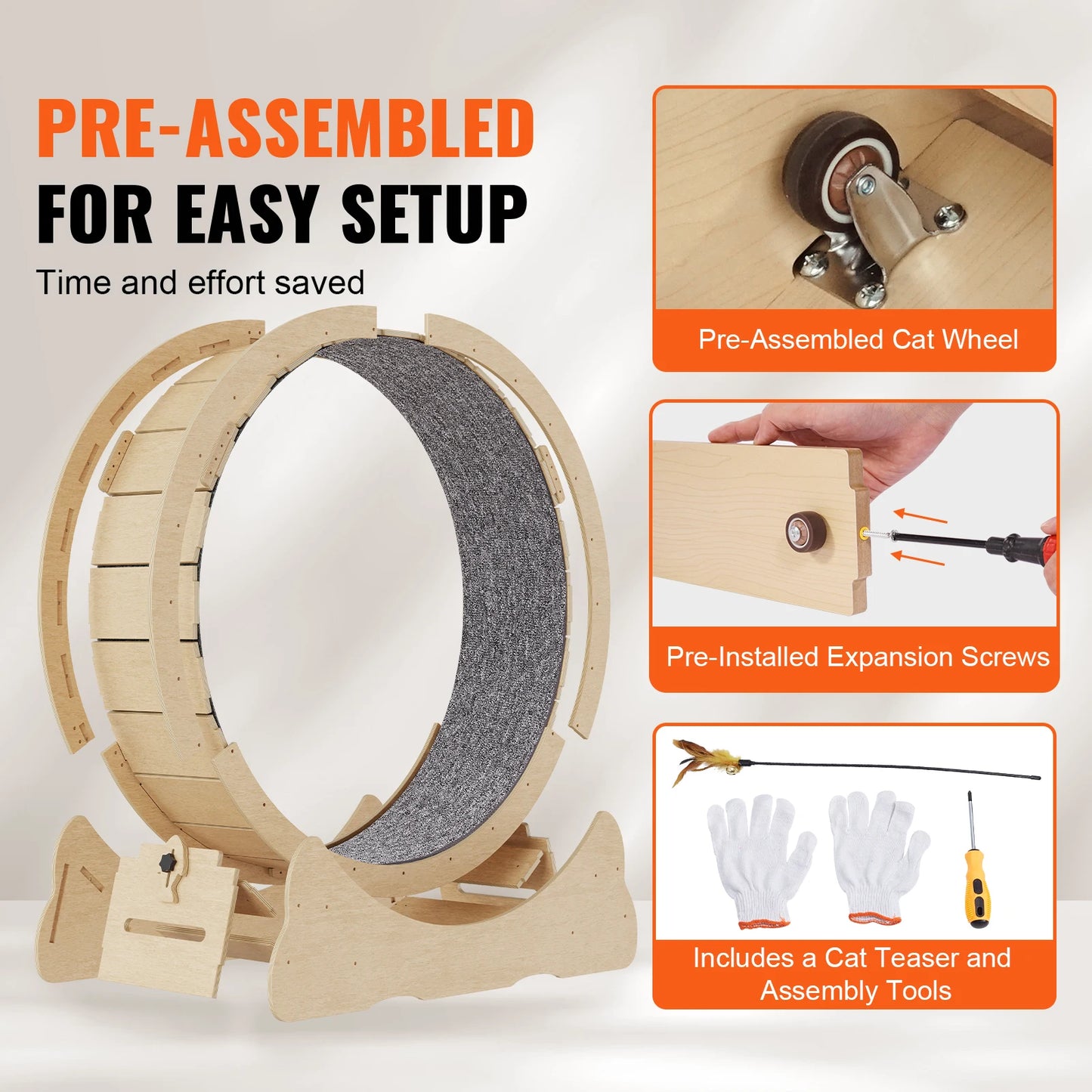 Wooden Cat Exercise Wheel Large Cat Treadmill Wheel for Indoor Cat Running Wheel with Detachable Carpet & Cat Teaser