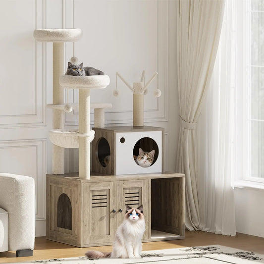 Modern Wooden Cat Tree With Hidden Litter Box, Multi-Level Cat Condo Furniture, Scratching Posts & Litter Cabinet For Indoor Cats
