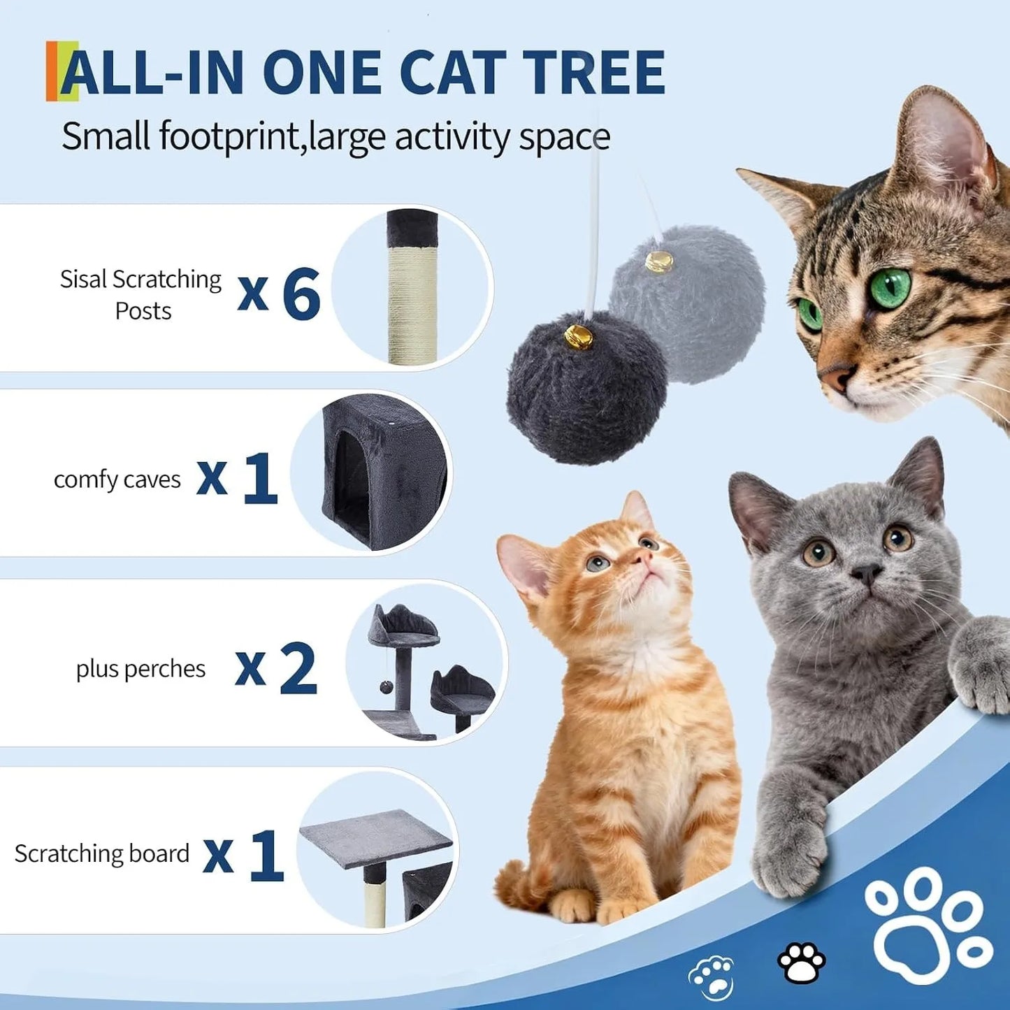 72" Cat Tree for Large Cats, Multi-Level Cat Tower with 6 Sisal Scratching Posts, 2 Condos, 3 Perches, Hammock & Dangling Toys, Sturdy Particle Board with Anti-Tip Kit, Dark Grey