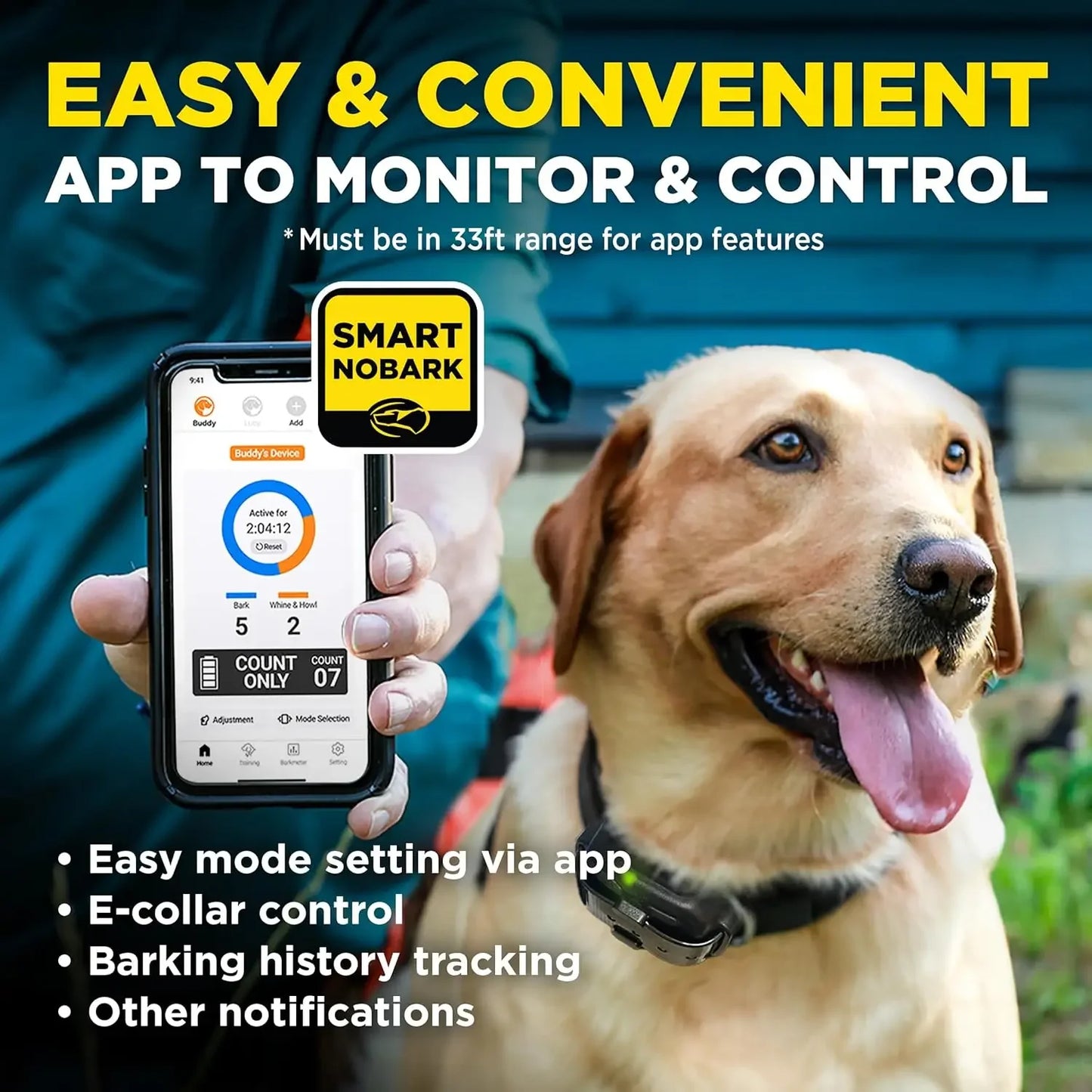 Smart NO BARK Detects Whining and Barking, 33 ft Range App for Notifications, E-Collar, Behavior Report, Waterproof
