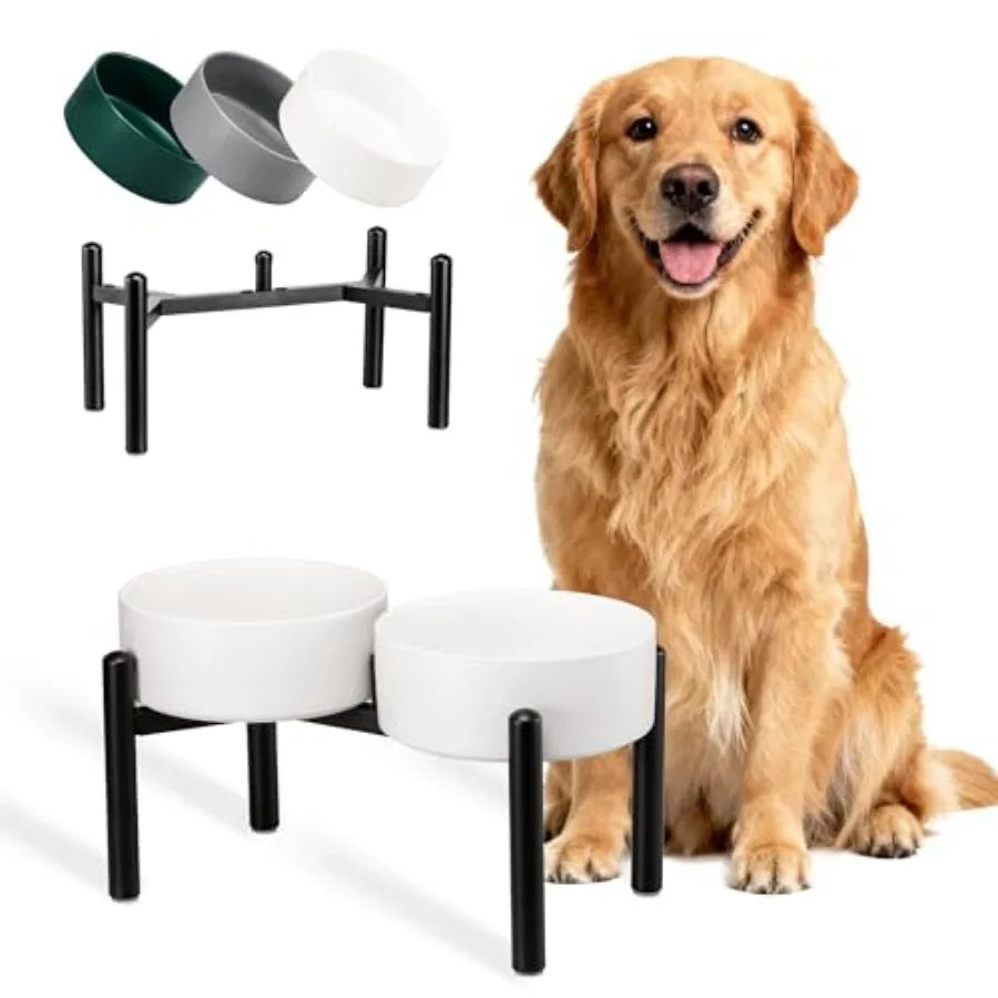 Dog Bowls Elevated - Ceramic Raised Dog Bowl with Non Slip Steel Stainless Stand - No Spill and Heated Feeding Station
