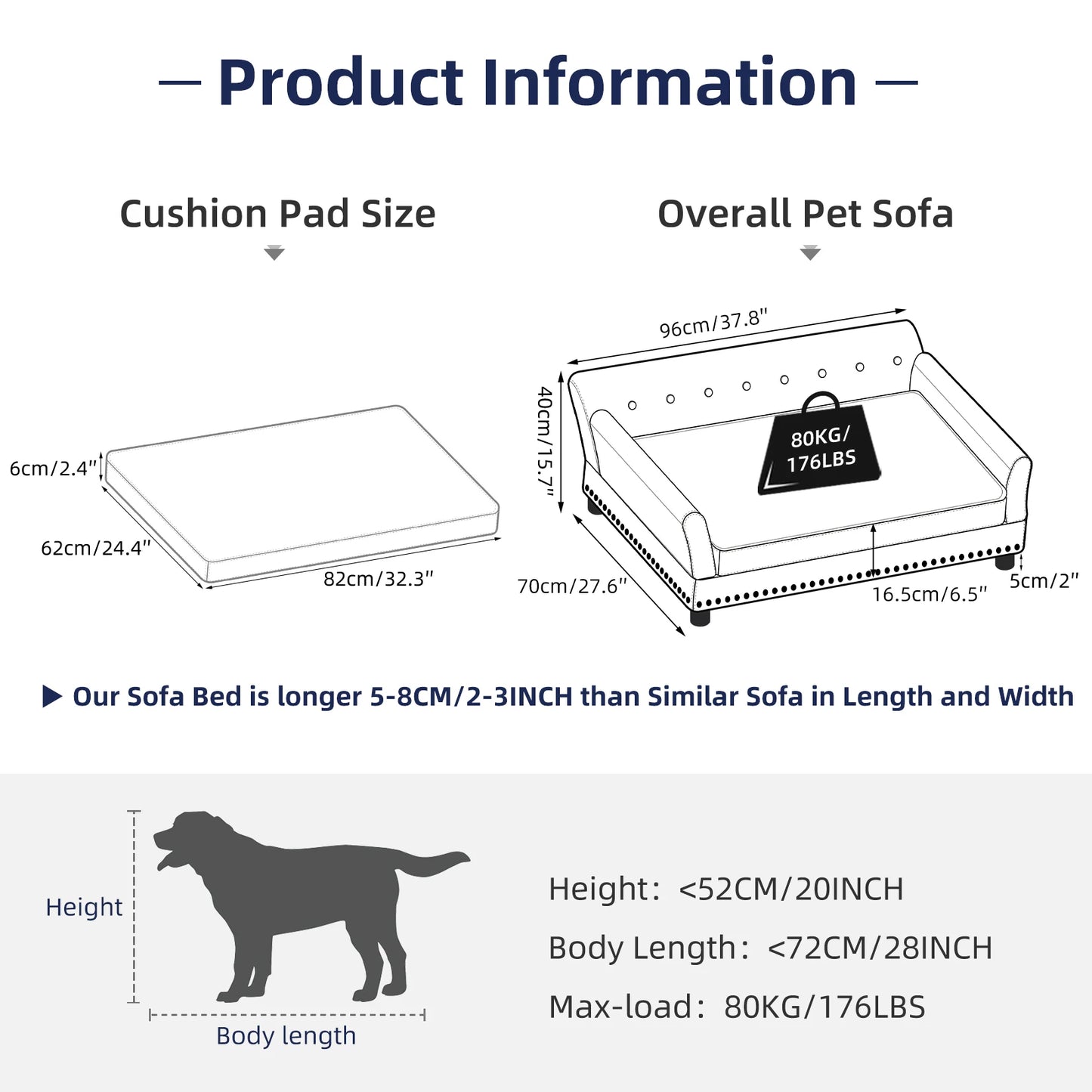 Extra Large Dog Sofa Couch Bed for Medium to Large Dogs Elevated Pet Sofa Lounge Furniture Removable Sponge Cushion