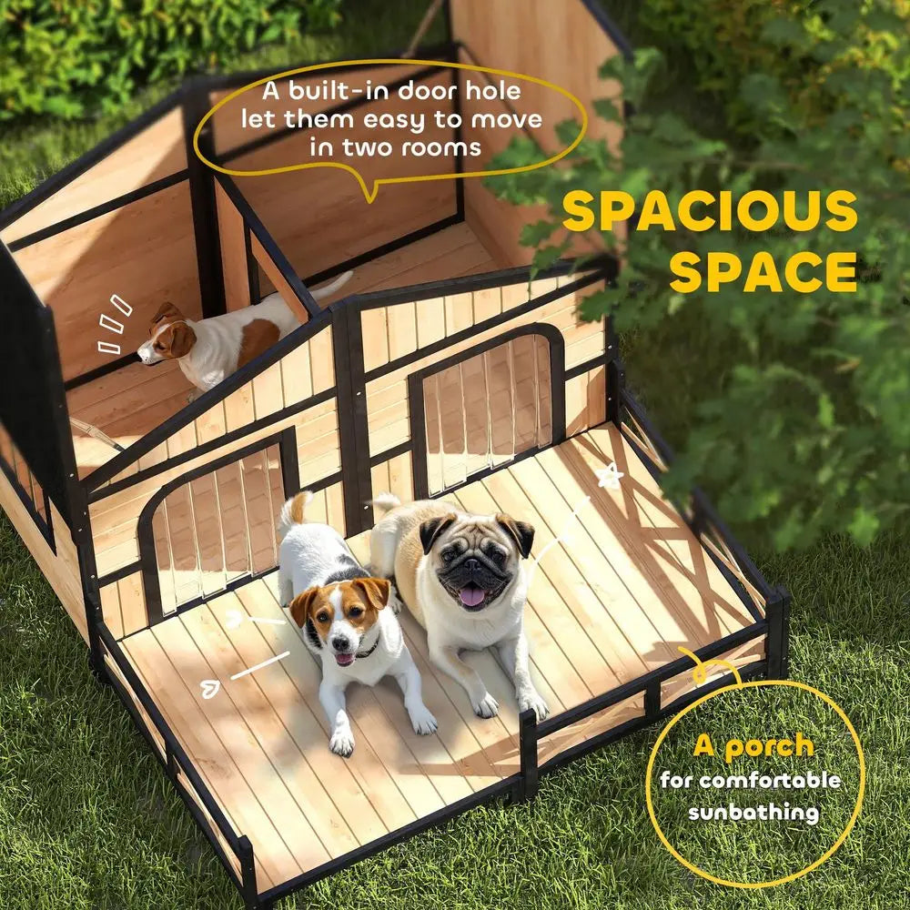 Dog House Outdoor, Wooden Dog Kennel Weatherproof with Porch, Openable Roof, Removable Bottom, Elevated Floor, Double Room for Two Pets