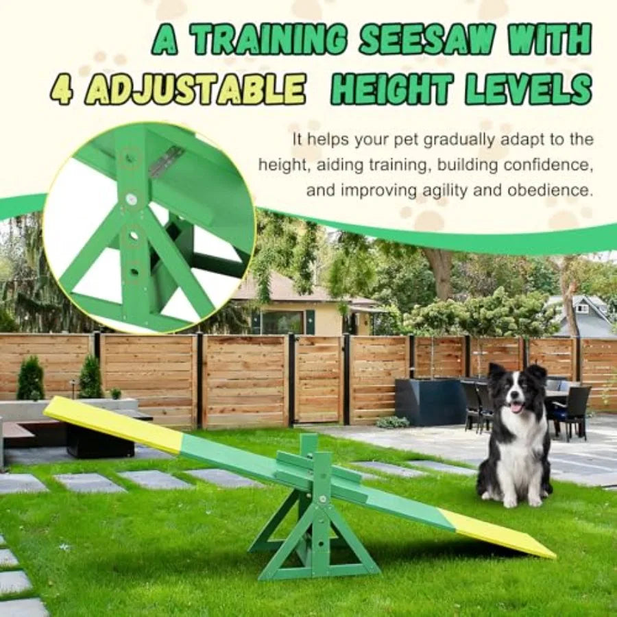 94.5 Adjustable Dog Agility Seesaw 4-Level Height Training Teeter for Small to Large Dogs Sturdy Wooden Dog Agility Equipment