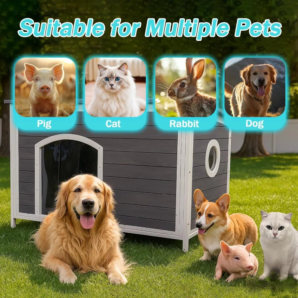Large Outdoor Wooden Dog House for Medium to Large Dogs | Weatherproof Asphalt Roof, Chew-Resistant Frame, Indoor/Outdoor