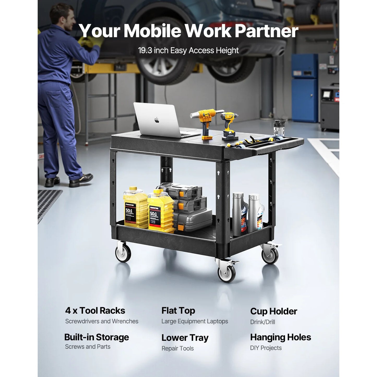550 lbs Utility Service Cart Two-Shelf Plastic Hand Dolly Cart with 360° Swivel Wheels for Warehouse Garage Cleaning