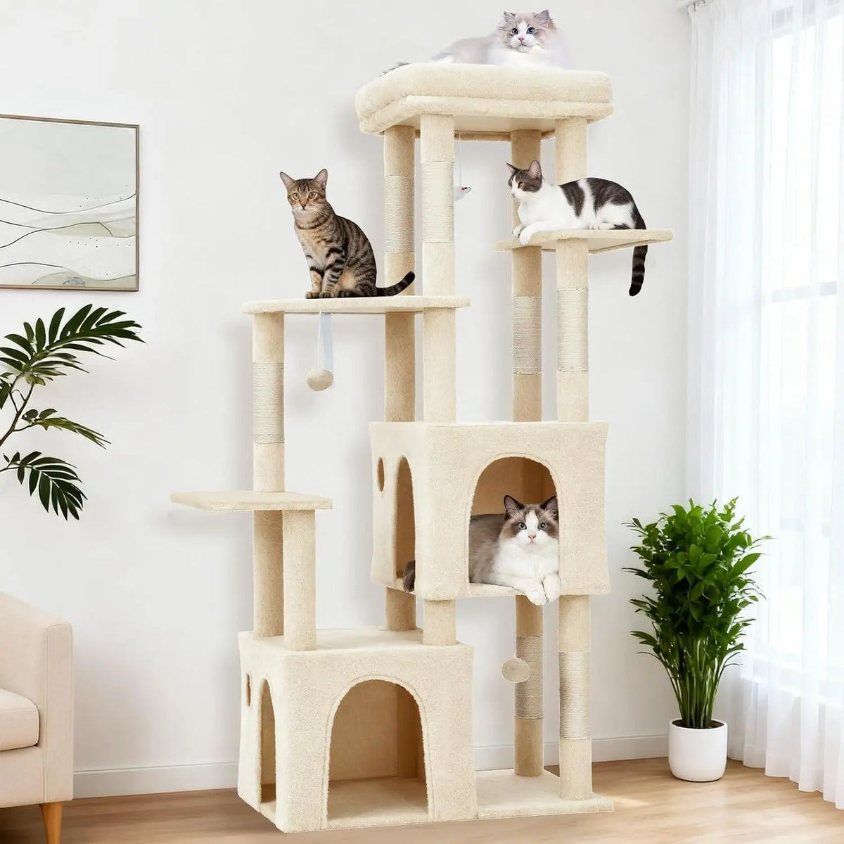 61-Inch Large Cat Tree Tower with 7 Scratching Posts, 2 Cat Condos, Top Perch Multi-Level Cat Climbing Tree Furniture with Hanging Toys Anti-Toppling Design for Indoor Cats Multi Cat Homes