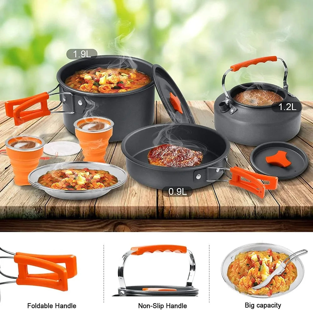 Lightweight Camping Cookware Set with Non-Stick Pan, Pot, Kettle, Plates & Utensils for 2-3 People, Portable for Backpacking, Hiking, Picnics