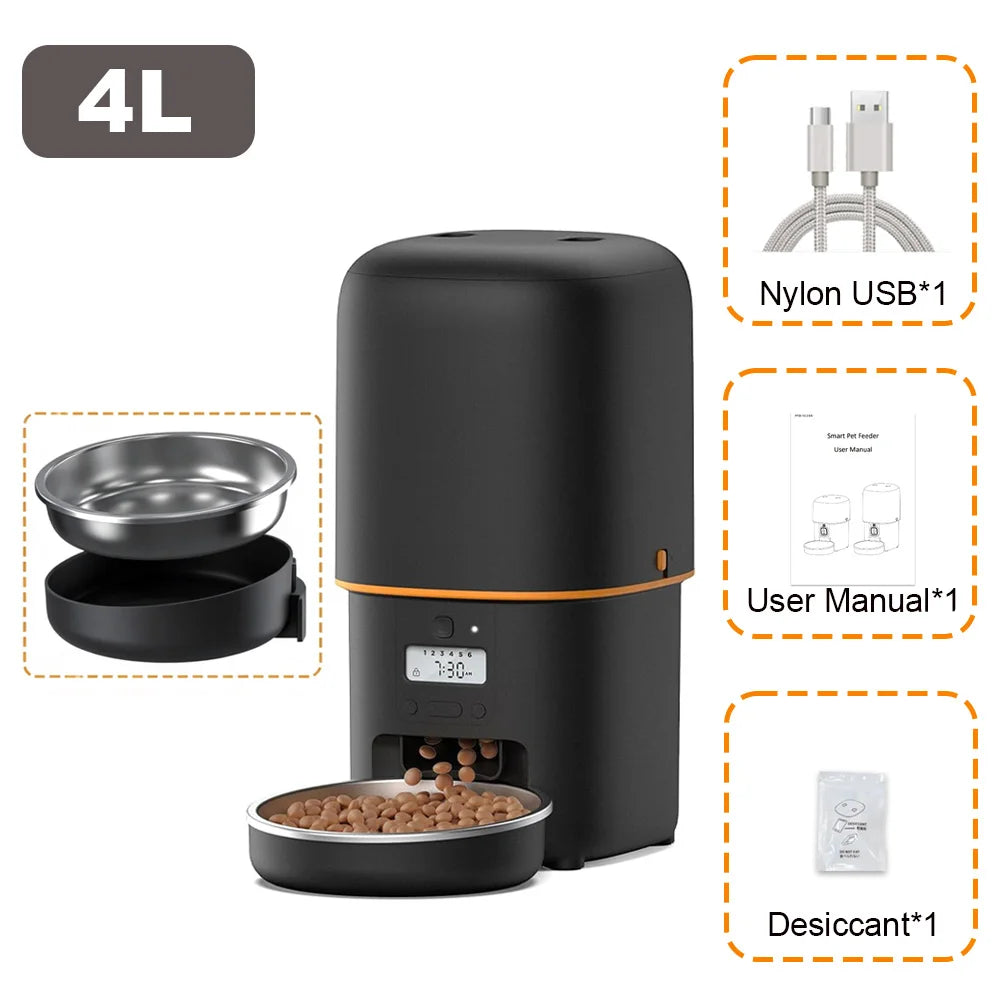 4L Automatic Cat Feeder, Smart Pet Food Dispenser with Key Control, Voice Recorder, Dual Power Supply, Timed Auto Dog Feeder with Stainless Steel Bowl