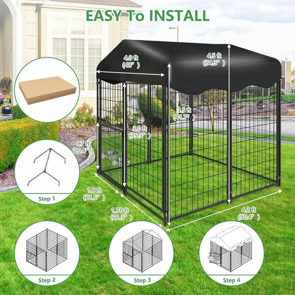 Outdoor Dog Kennel 4 x 4.2 x 4.5ft - Large Enclosure with Roof, Rotating Door, and Adjustable Bowls for Small to Medium Dogs