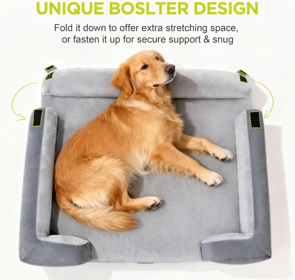 Orthopedic Dog Bed for Extra Large Dogs, Memory Foam Pet Sofa with Bolster, Washable Cover, Non-Slip, 42x30 Inch, Grey