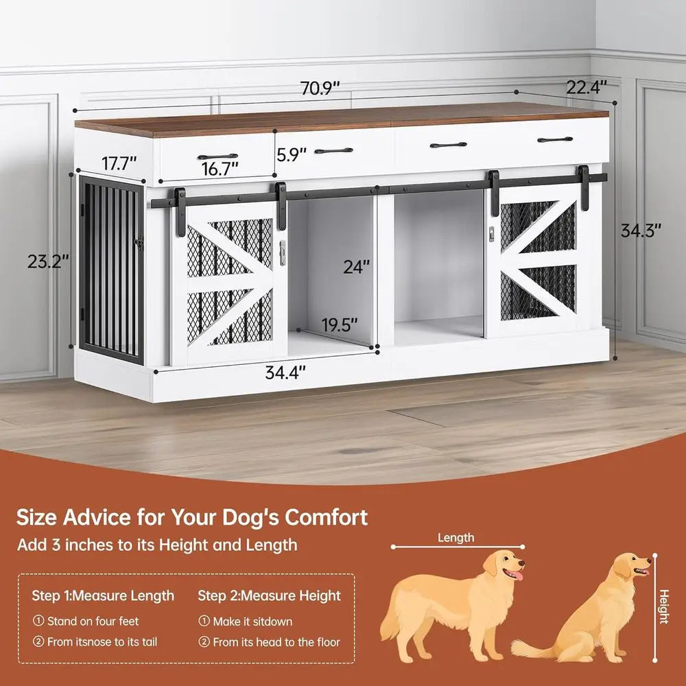 71 Heavy-Duty Indoor Wooden Dog Crate for 1-2 Dogs, Removable Divider & Storage Drawers - Multifunctional Pet Furniture, TV Stand