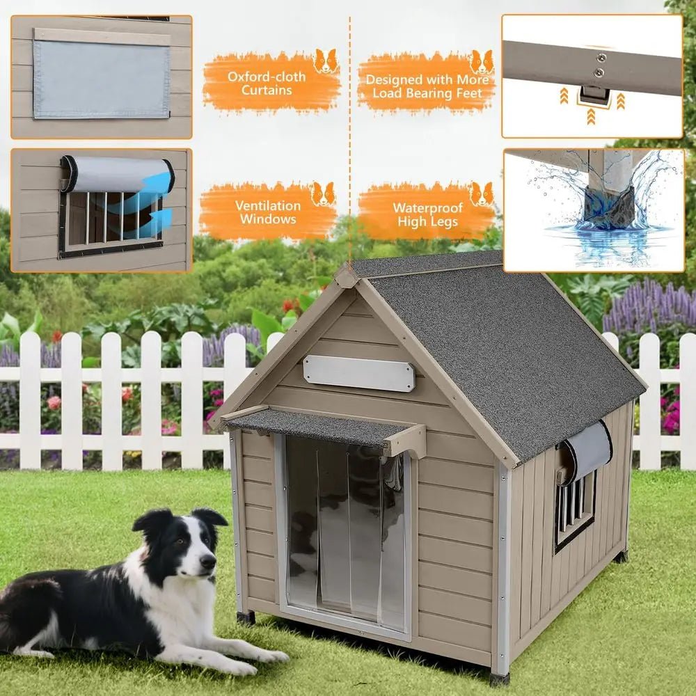 Large Dog House Indoor Outdoor with Window, Doghouse Kennel Shelter with Anti-Chewing Iron Frame for Medium to Small Dogs, Easy Assembly