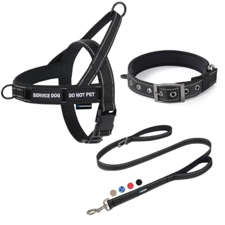 No Pull Dog Harness, Heavy Duty Collar and Leash Set-Leash with Double Handle and Car Seatbelt Clip-Easy Control for Walking