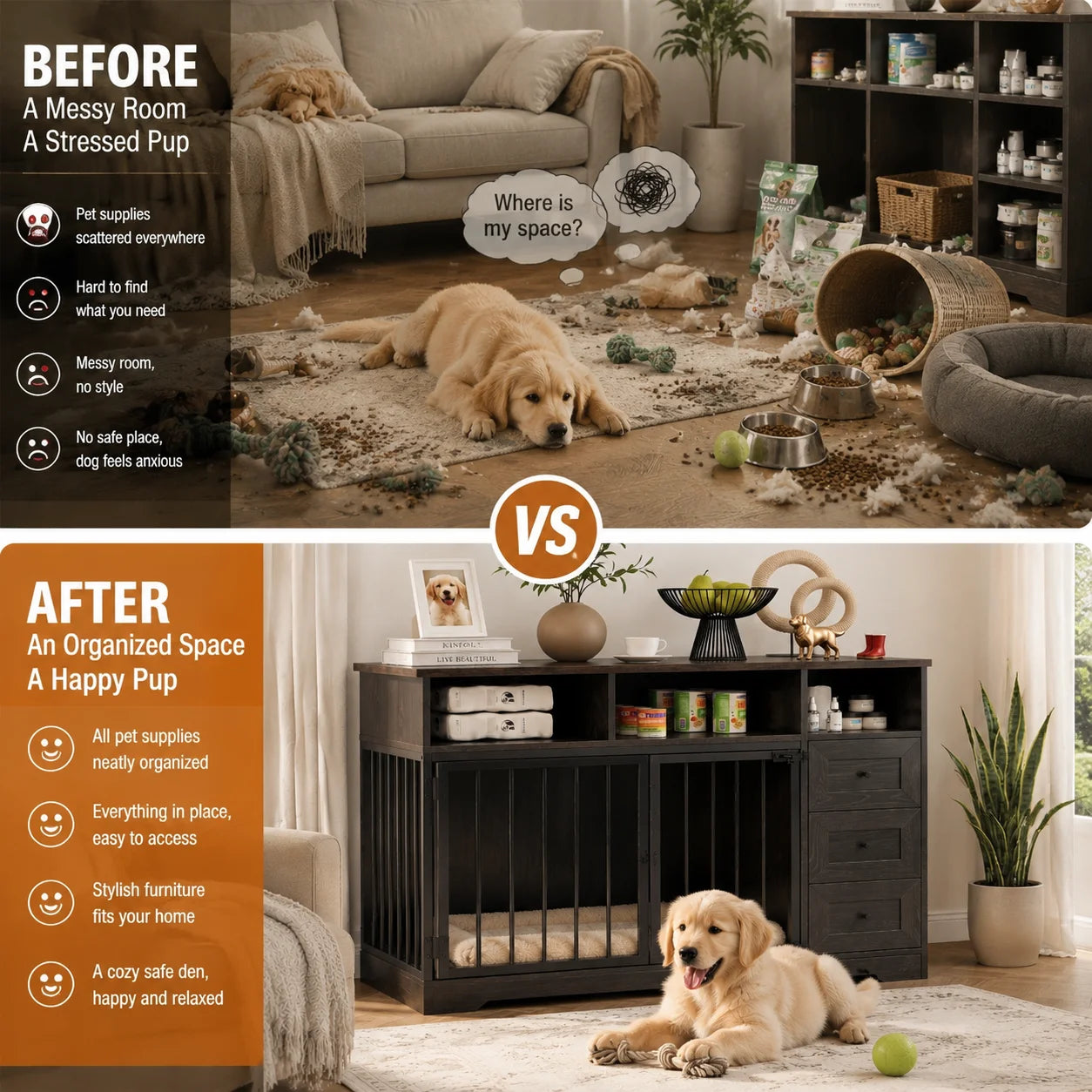 48 Inch Dog Crate Furniture with Feeding Bowl Storage Drawers Heavy Duty Wooden Dog Kennel Cabinet Lockable Indoor Pet Cage Table for Small Medium Dogs Living Room Bedroom Office