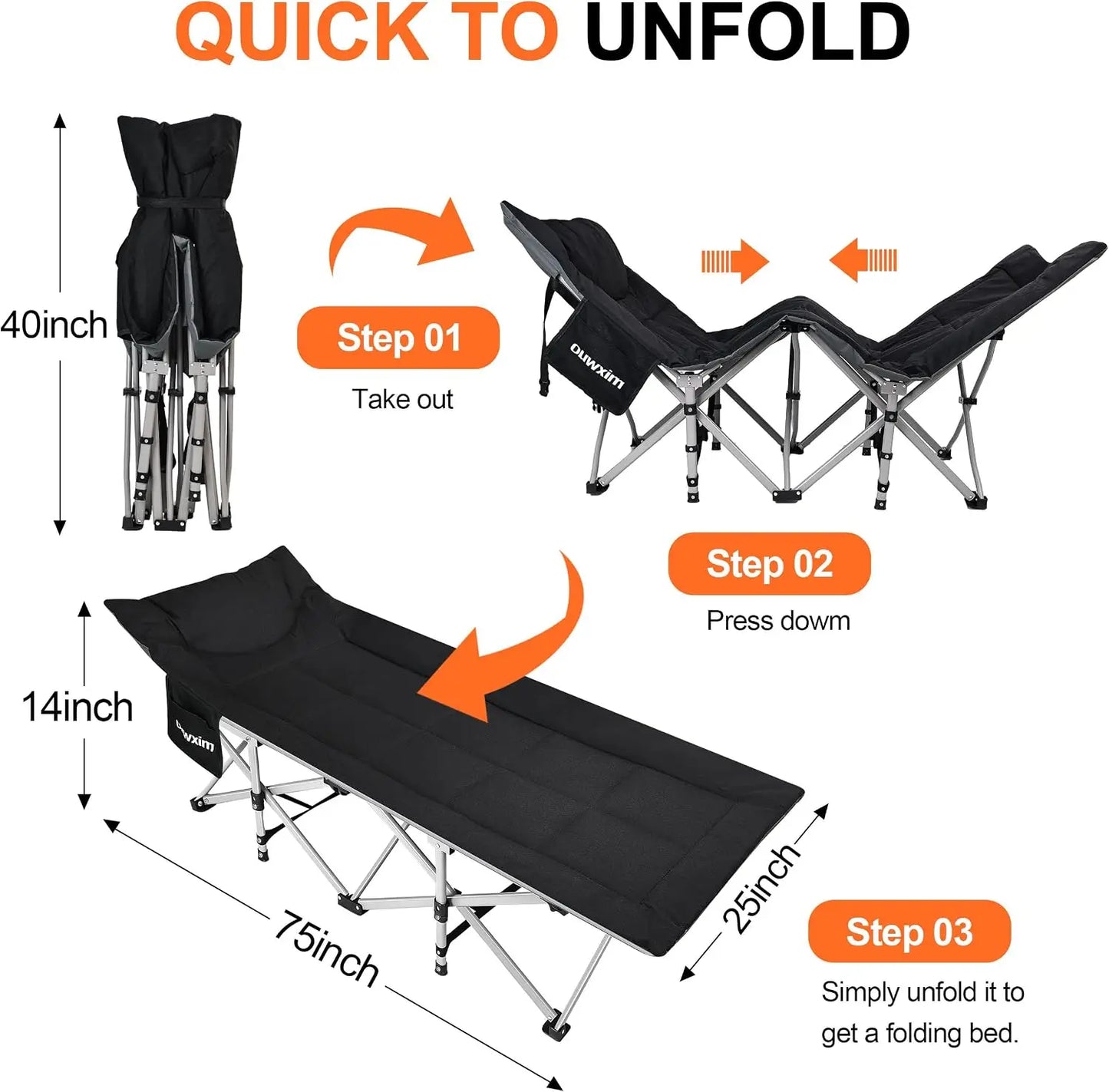 Camping Cot for Adults with Pillow, 450lb Capacity, No Assembly Folding Cot for Outdoor, Compact Storage