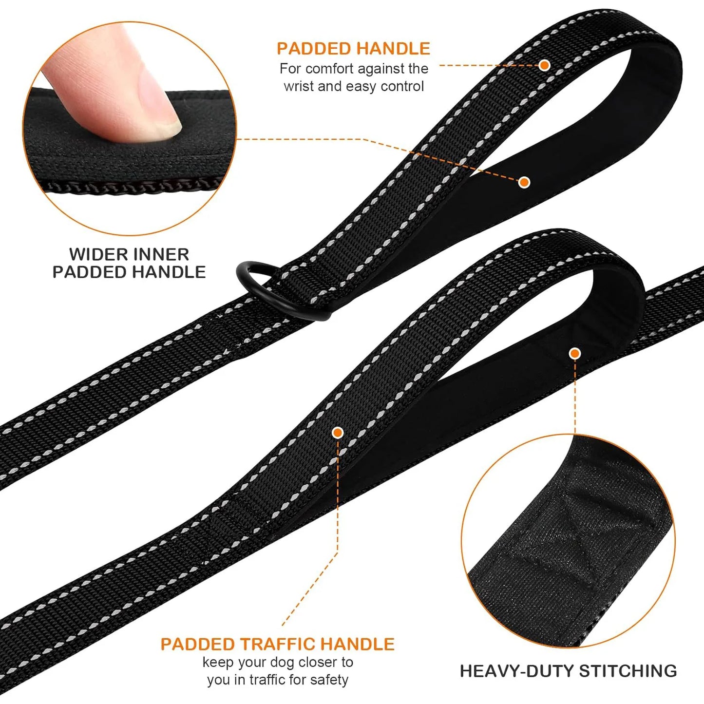 Heavy Duty Double Handle Dog Leash with Reflective Strips for Night Safety - Ideal for Large and Extra Large Breeds