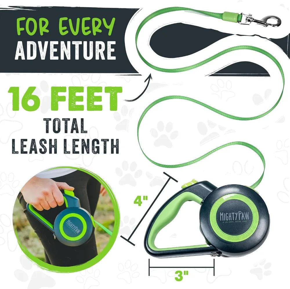 Retractable Dog Leash 16ft Heavy Duty Reflective Nylon for Small & Medium Dogs, Tangle-Free with Quick-Lock Brake & Anti-Slip Handle (Green/Lite)