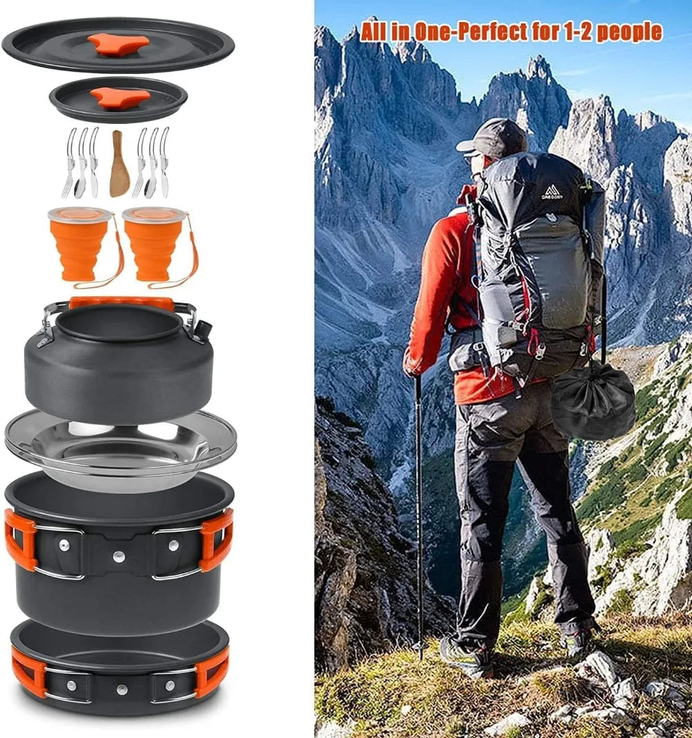 Lightweight Camping Cookware Set with Non-Stick Pan, Pot, Kettle, Plates & Utensils for 2-3 People, Portable for Backpacking, Hiking, Picnics