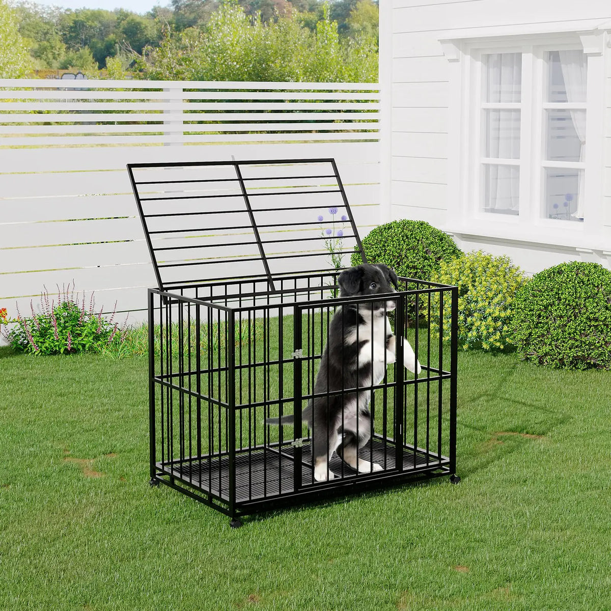 36 Inch Heavy-Duty Stainless Steel Dog Crate Escape-Proof Stackable Indoor Kennel with Double Locking Doors, Removable Tray, Openable Top and Lockable Wheels for Small Dogs