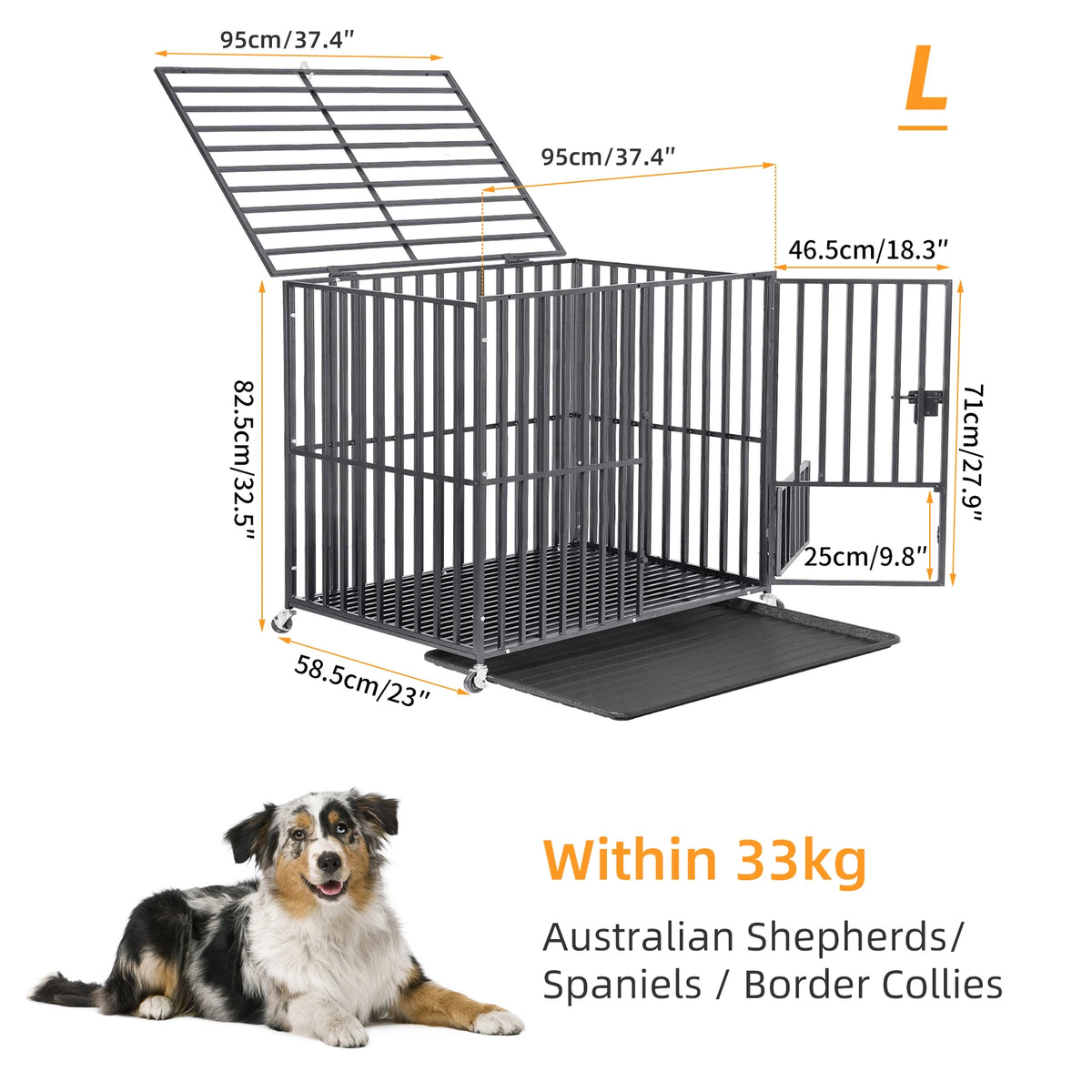 Large Heavy-Duty Dog Crate with 4 Lockable Wheels, 3 Doors, and Tray Metal Pet Kennel Cage Playpen for Medium, Large Dogs