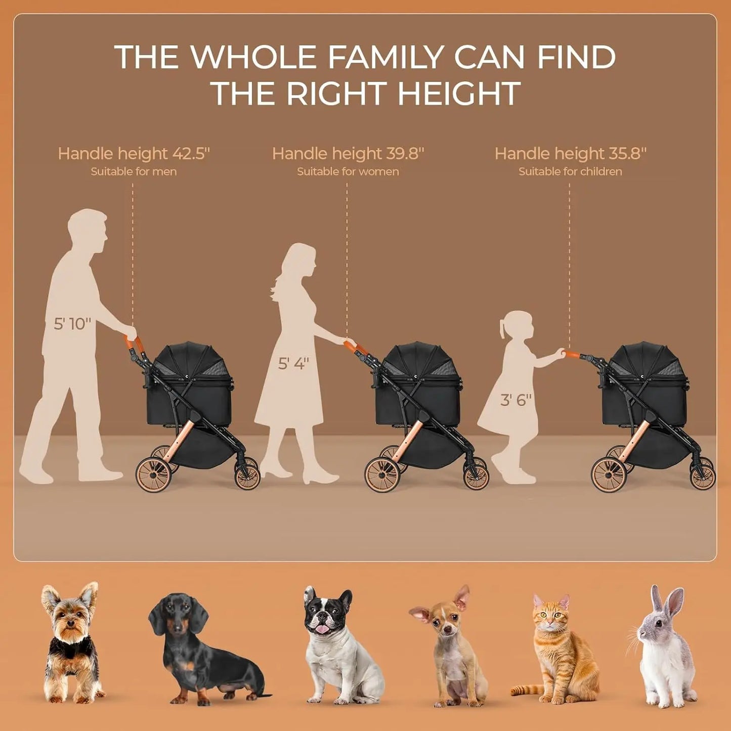 Foldable Dog Stroller for Medium Small Dogs Cats Up to 55 Lbs(25kg), Aluminum,Carbon Steel Frame Pet Stroller, Height-Adjustable