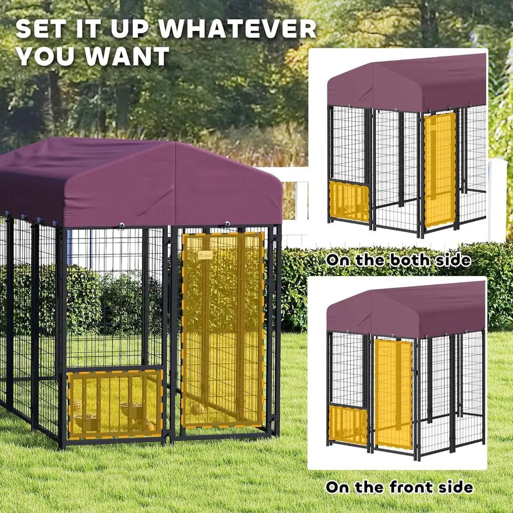 Outdoor Dog Kennel with Roof, 8' x 4' x 6' Heavy Duty Welded Wire Dog Playpen Enclosure with Escape-Proof Lock, Adjustable Bowls, UV-Protected Roof