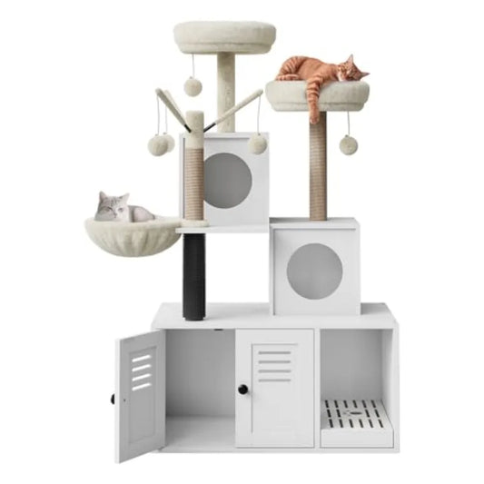Multi-Level Cat Tree Tower with Cat Scratching Posts, Litter Box Enclosure, Cat Houses Condos, Hanging Cat Toys for Kittens, Adult