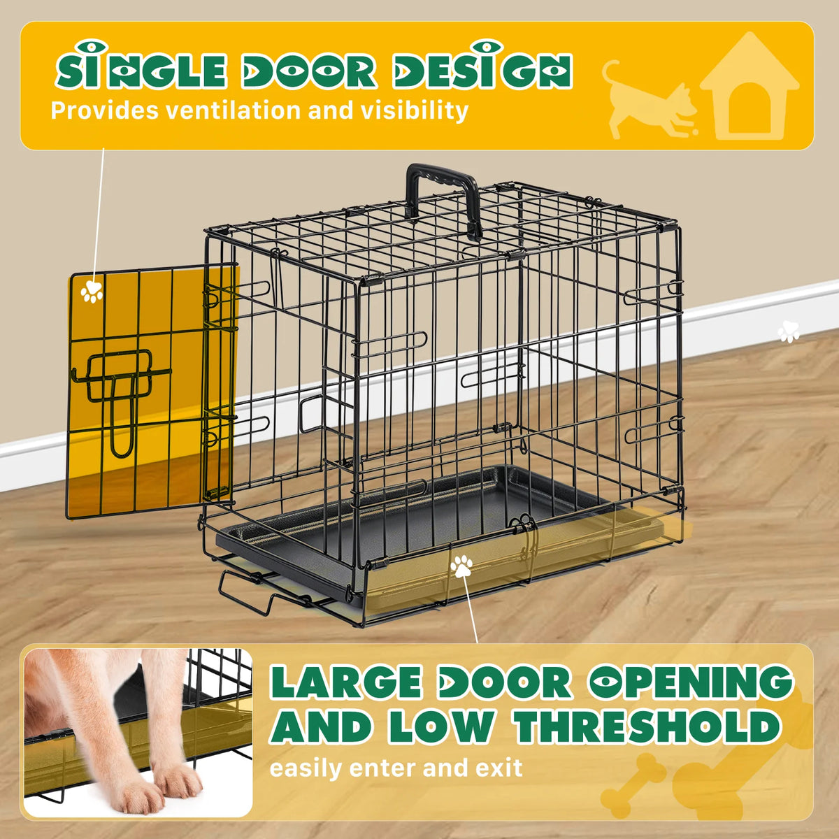 18 Inch Single-Door Dog Crate Metal Pet Kennel with Secure Lock Foldable Removable Tray for Easy Cleaning Portable Puppy Cage for Small Dogs