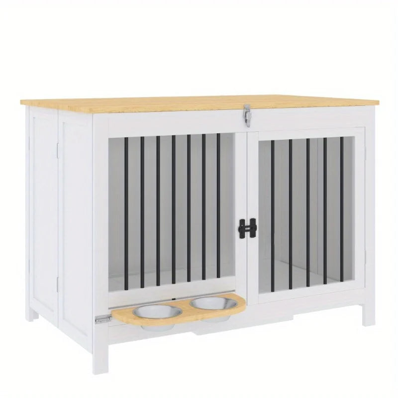 39'' Foldable Wooden Dog Crate Furniture – Indoor Dog Kennel for Large Dogs with 360° Rotating Feeder, White