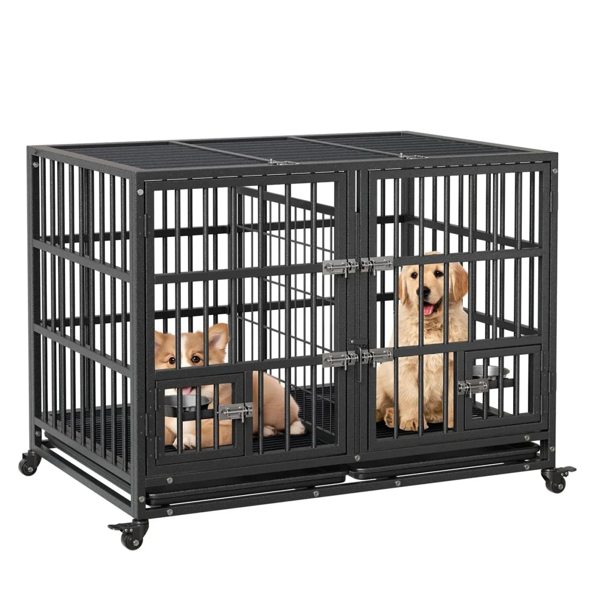 42 Inch Heavy-Duty Dog Crate Metal Dog Cage with Double Door Lockable Wheels Removable Divider Trays Feeding Doors for Small, Medium, Large Dogs Indoor