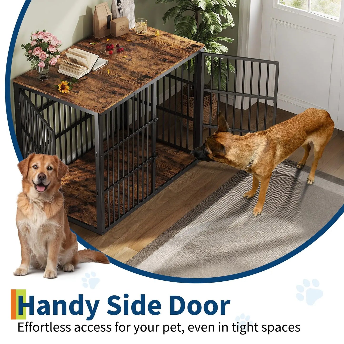 46.5" 3-in-1 Dog Crate Furniture Wooden Dog Kennel with 3 Lockable Doors Heavy Duty Metal Frame End Table For Medium Large Pet