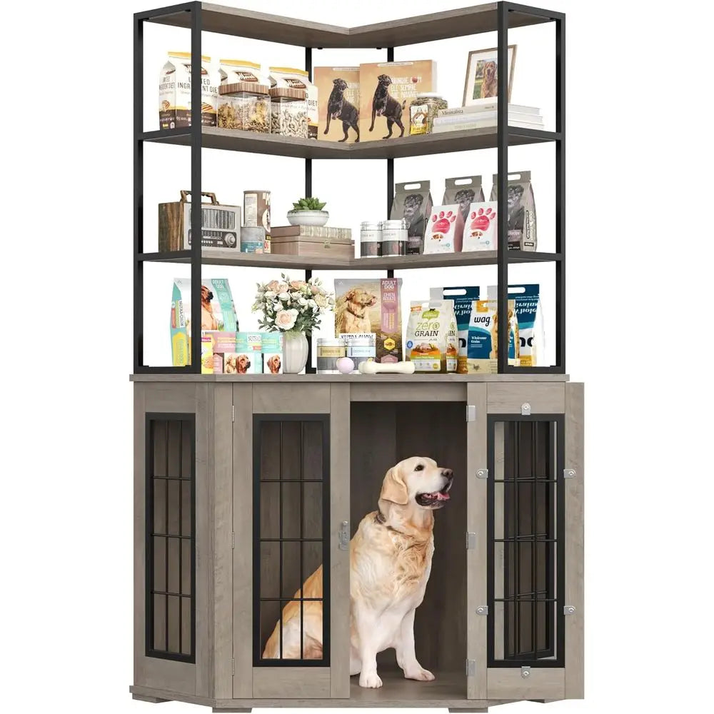Stylish Indoor Dog Crate with Storage, Double Locks, 4-Tier Shelves for Medium to Large Dogs