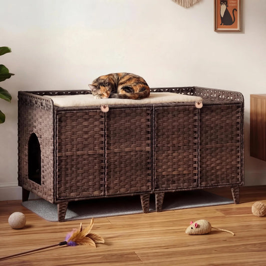 Large Rattan Litter Box Enclosure For 2 Cats, Hidden Cat Furniture With 2 Doors, Litter Mat & Hooks, 47.2" Cat House