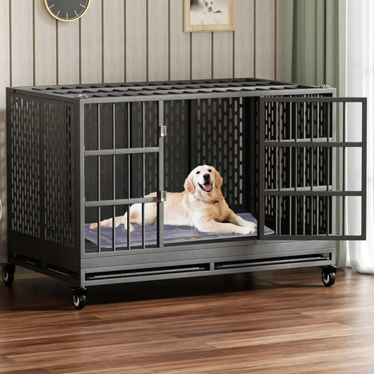 48-Inch Heavy-Duty Dog Crate with Wheels, Folding Metal Cage for Large Dogs, Extra-Large Indestructible Design