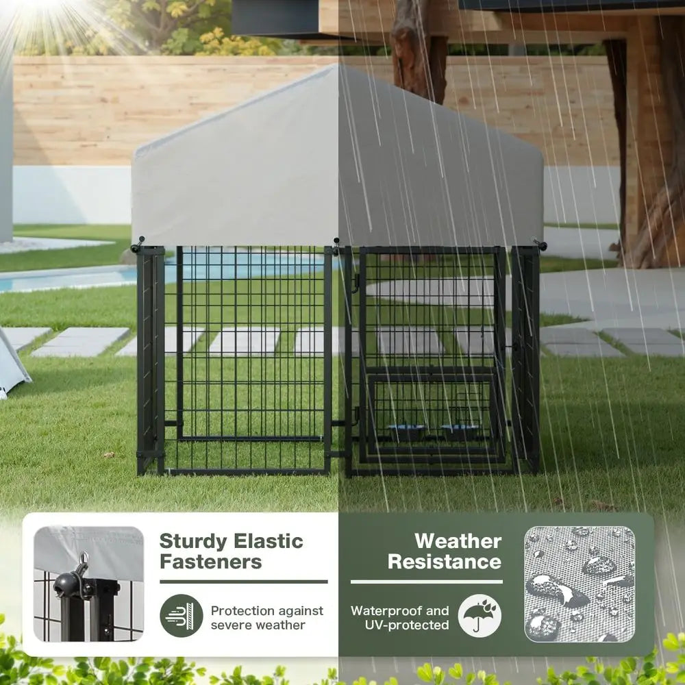 Sturdy Steel Outdoor Dog Kennel with Lockable Door, Weather-Resistant Roof, and Rotating Bowls for Various Dog Sizes