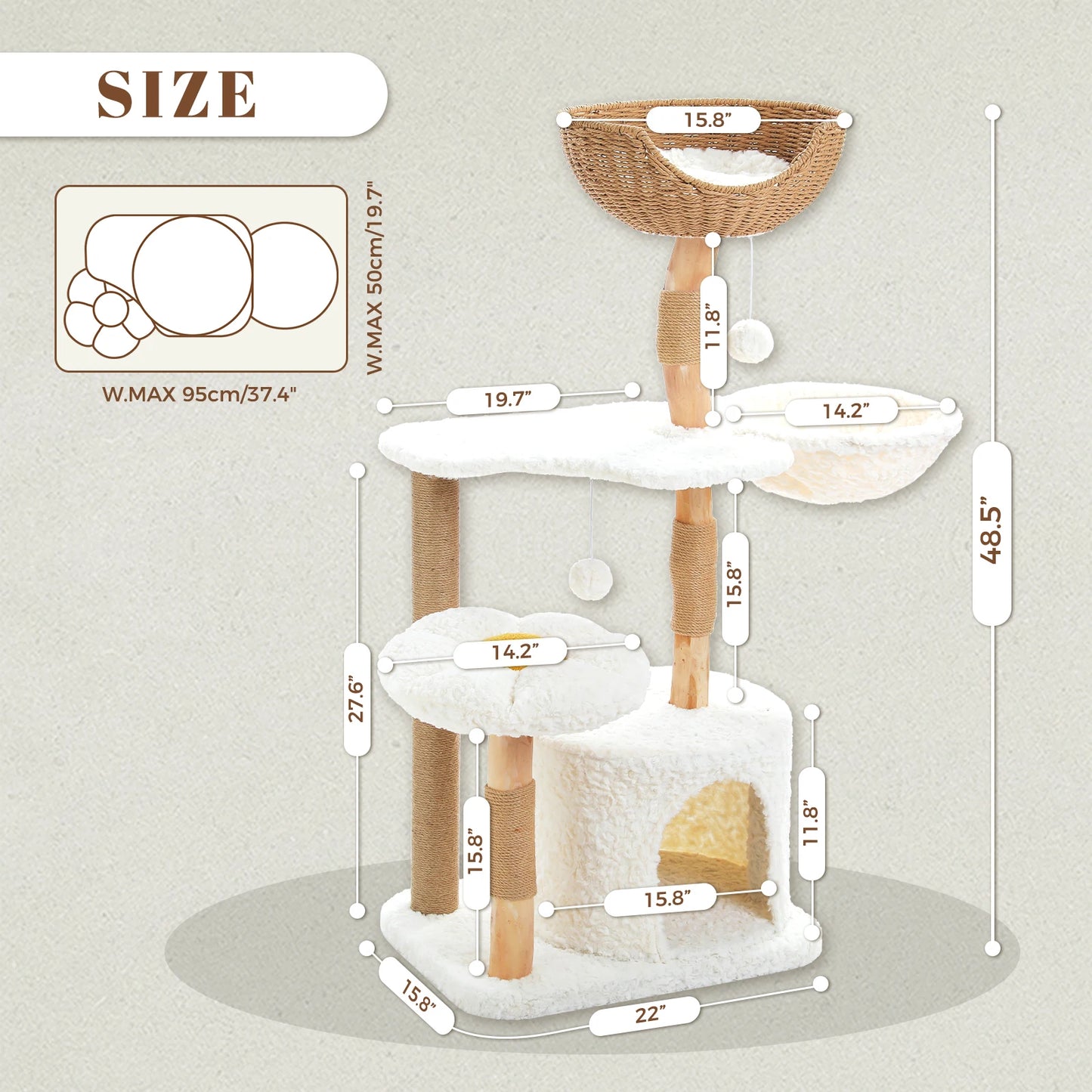 Solid Wood Cat Tree Modern Cat Tower with Spacious Cat Condo, Flower Perches, Fun Pompom, Double Comfort Perfect for Indoor Kittens