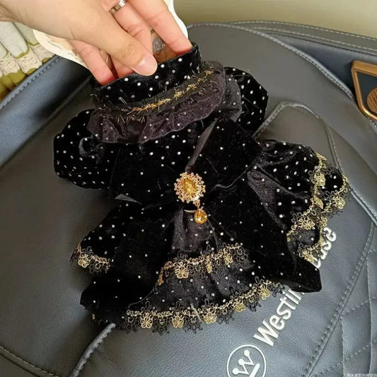Velvet Black Gold Pet Dog Dress - Cute Fashion Clothing for Chihuahua & Small Dogs, Girlish Style Mascotas Outfit