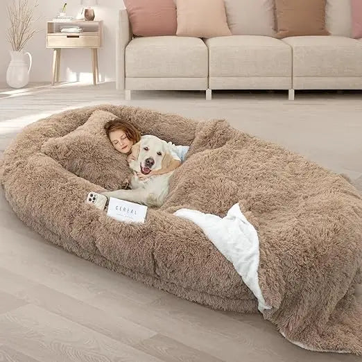 Oversized 71" x 45" x 12" Grey Memory Foam Dog Bed with Pillow, Blanket & Strap for Adults and Large Pets, Customized