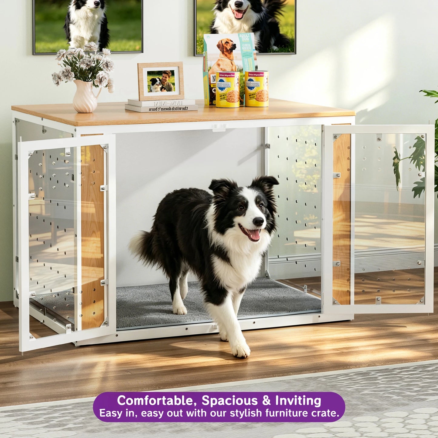 Modern Acrylic Dog Crate Furniture with Wood Top,Indoor Dog Crate Furniture Style End Table, Chew-Proof Breathable Pet Kennel with Double Doors, Stylish Indoor Dog House End Table for Medium to Large Dogs, (Suitable for 20-90lbs)