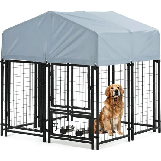 Outdoor Dog Enclosure Heavy Duty Dog Kennel House Mesh Dog Big Cage Pet Kennel Steel Fence with Secure Lock and UV-Resistant Water Bowls