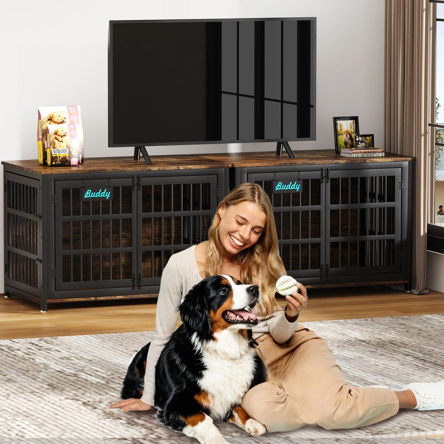 Dog Crate Furniture with Casters, Heavy Duty Dog Kennel Indoor for Large and Medium Dogs, Decorate House as TV Stand, Bedside Table