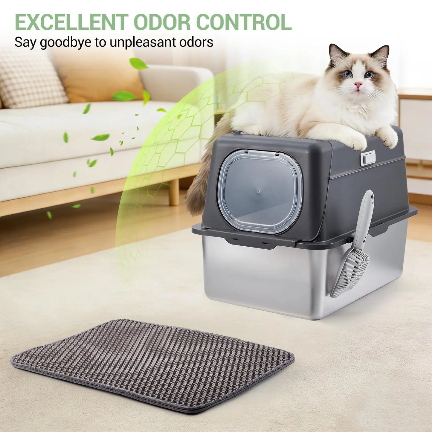 Stainless Steel Covered Cat Litter Box with Lid, Large Enclosed Metal Litter Box with Top Entry & Front Entry