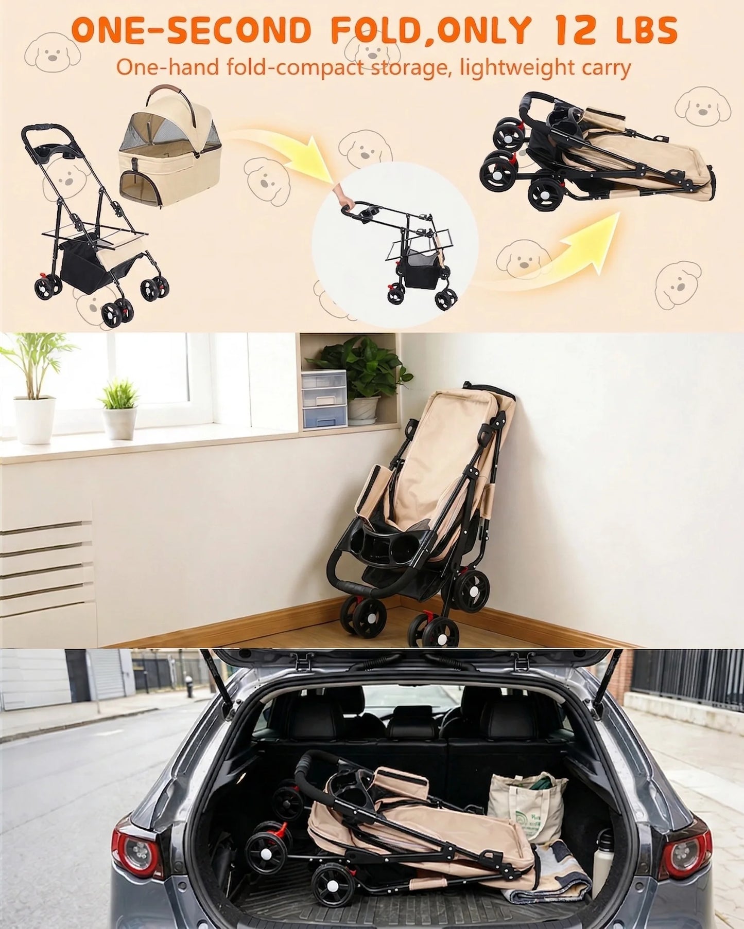 2-in-1 Pet Stroller for Small Dogs, Cats, Foldable Lightweight 4 Wheel Dog Stroller with Removable Carrier Travel Portable Pet Cart
