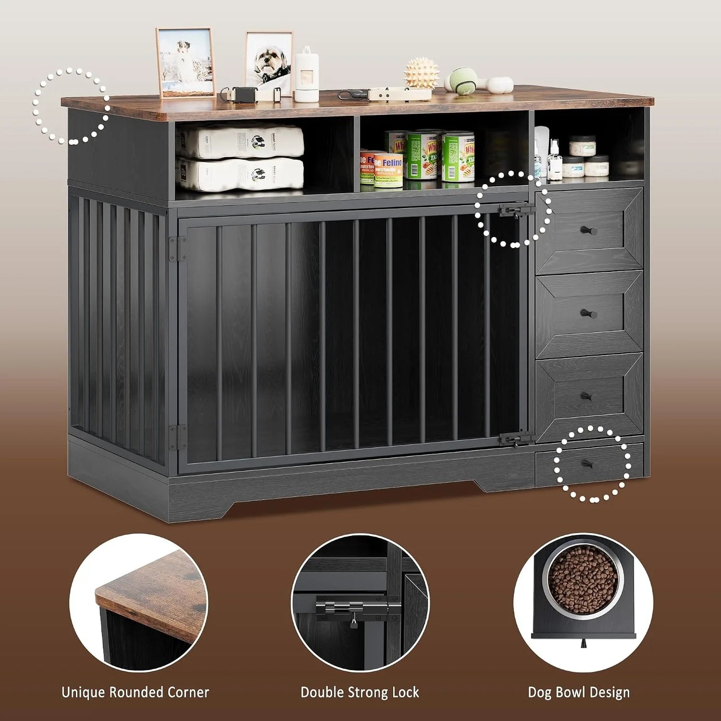 48 Inch Dog Crate Furniture with Feeding Bowl Storage Drawers Heavy Duty Wooden Dog Kennel Cabinet Lockable Indoor Pet Cage Table for Small Medium Dogs Living Room Bedroom Office