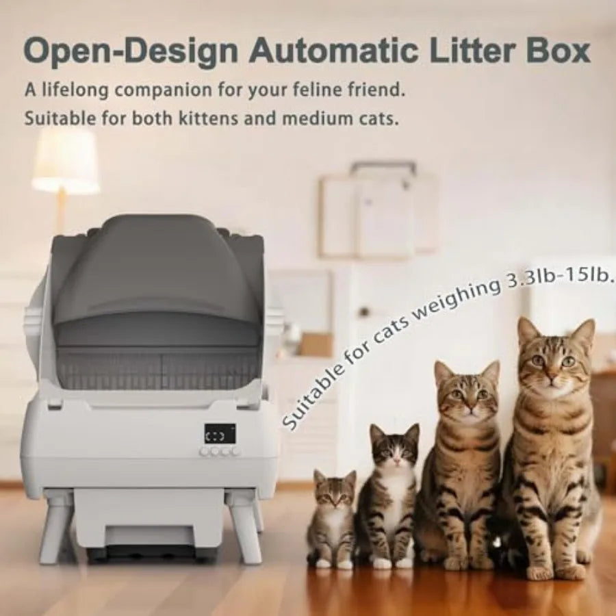 Automatic Cat Litter Box Self Cleaning - App Control, Open-Design, Smart Health Monitor, Suitable for Medium Cats and Kittens,