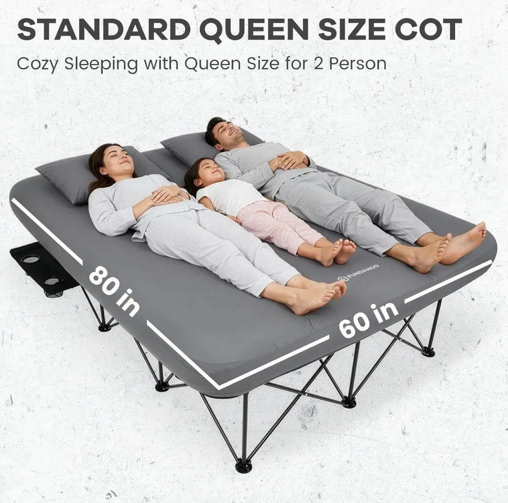 Queen Camping Cot With Electric Pump, Inflatable Air Mattress Bed, Folding Frame, Cup Holders, Carry Bag for Adults, 80x60