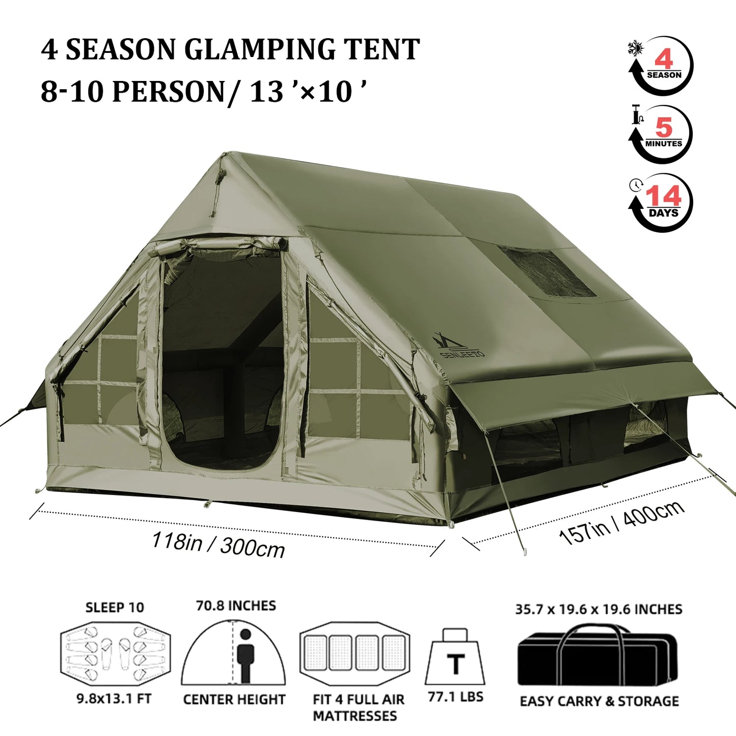 Army Green Waterproof Windproof Inflatable Tent for Camping, 4 Season Air Glamping Tent House with Chimney Opening, AC Vent