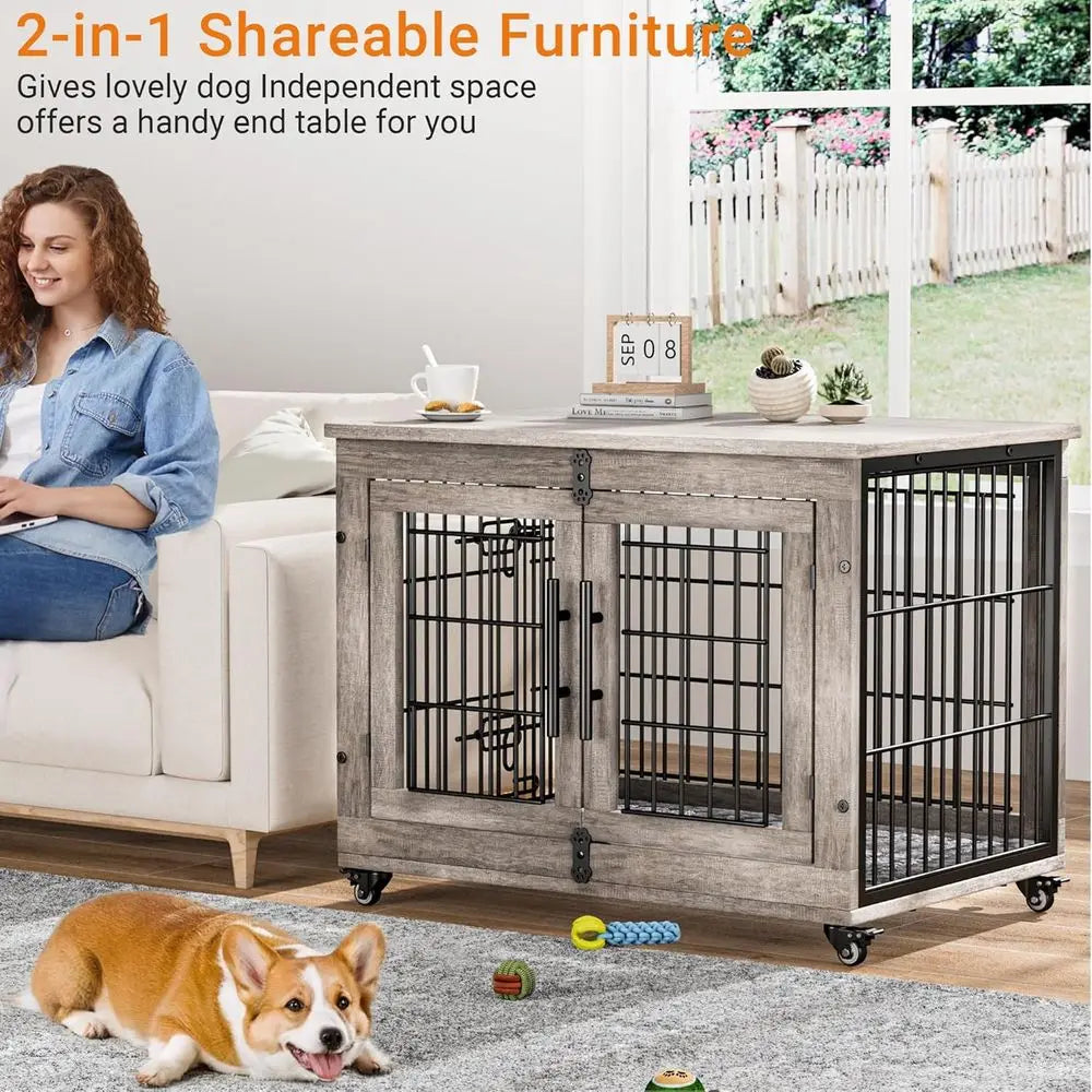 Dog Crate Furniture or Medium Dogs, 32'' Dog Kennel Indoor with Cushion & Wheels Wooden Dog Cage Double Door Dog Crate End Table
